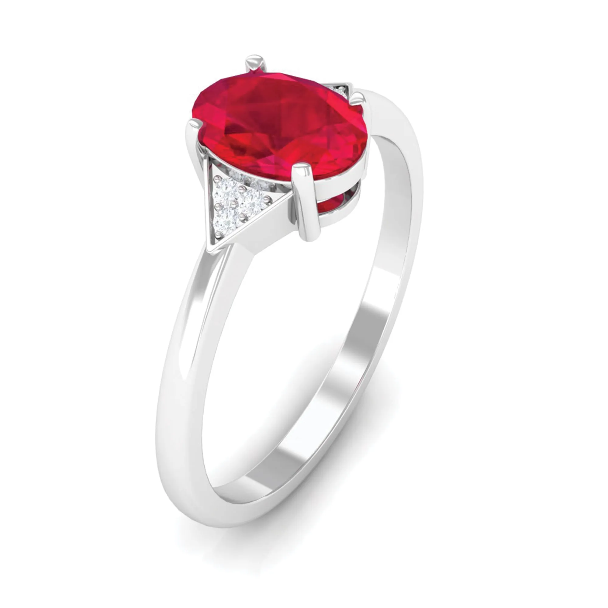 1 CT Oval Created Ruby Solitaire Ring with Diamond Accent