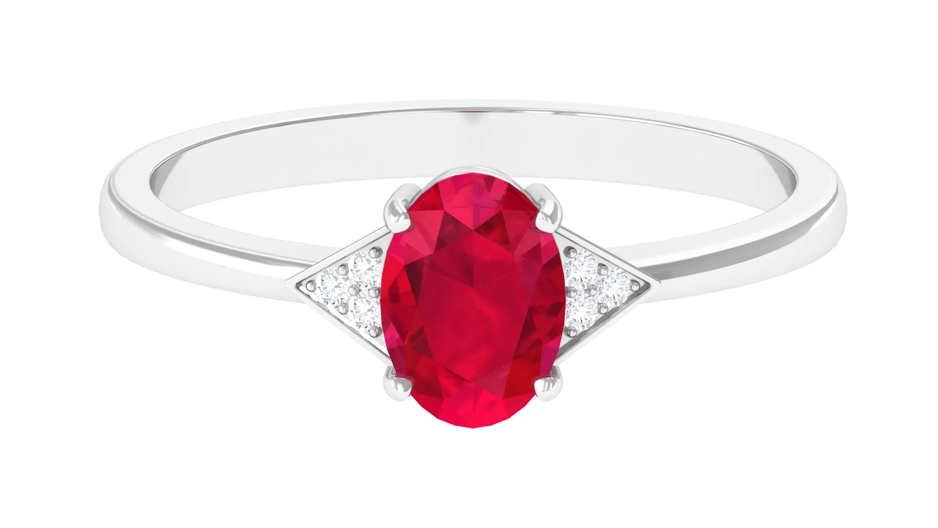 1 CT Oval Created Ruby Solitaire Ring with Diamond Accent