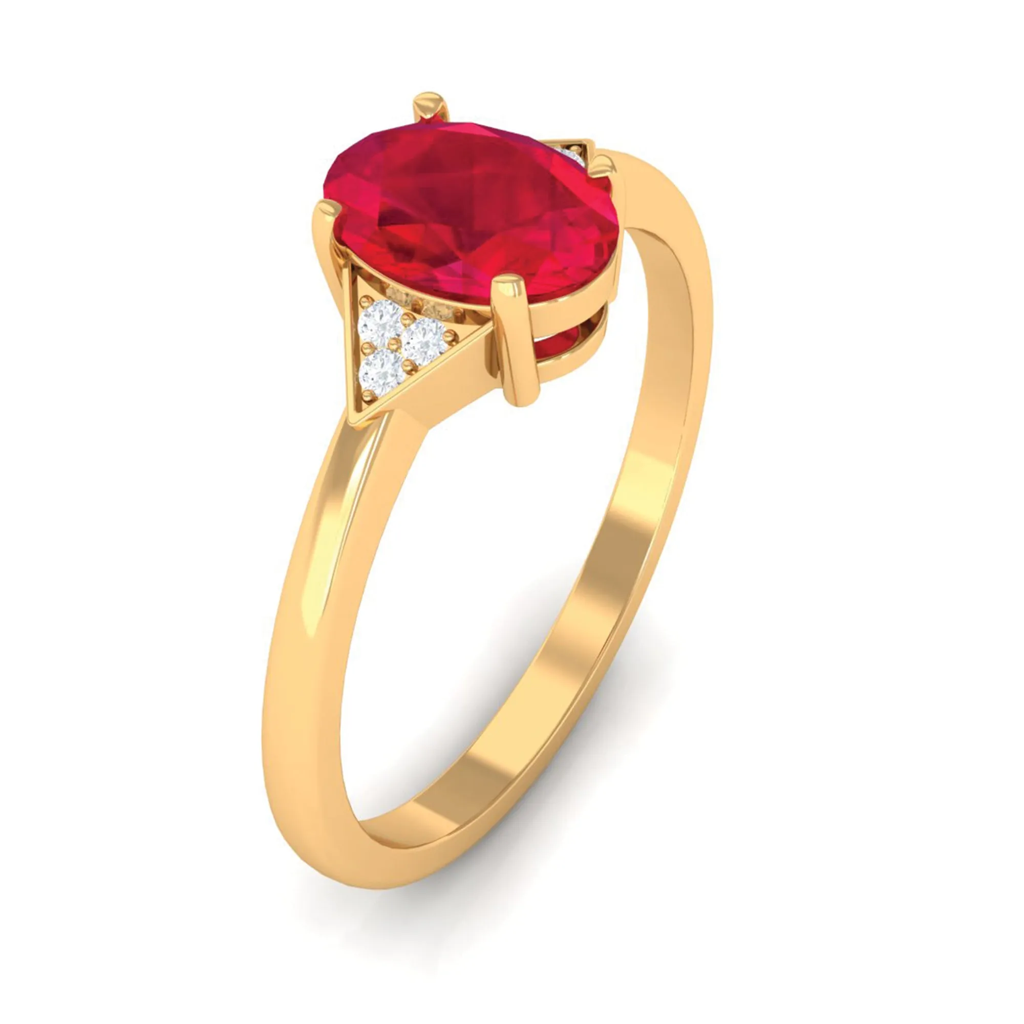 1 CT Oval Created Ruby Solitaire Ring with Diamond Accent