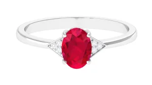 1 CT Oval Created Ruby Solitaire Ring with Diamond Accent