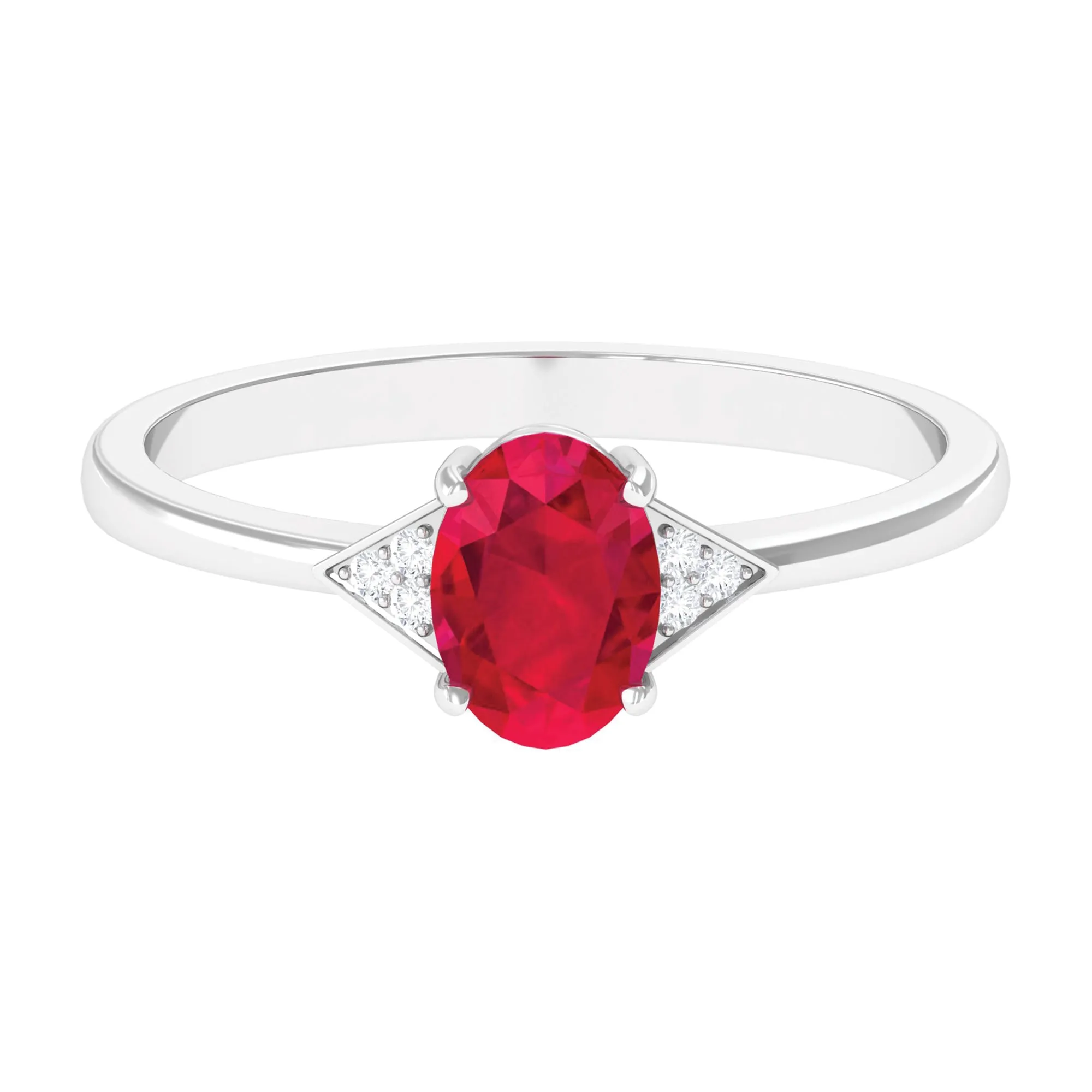 1 CT Oval Created Ruby Solitaire Ring with Diamond Accent