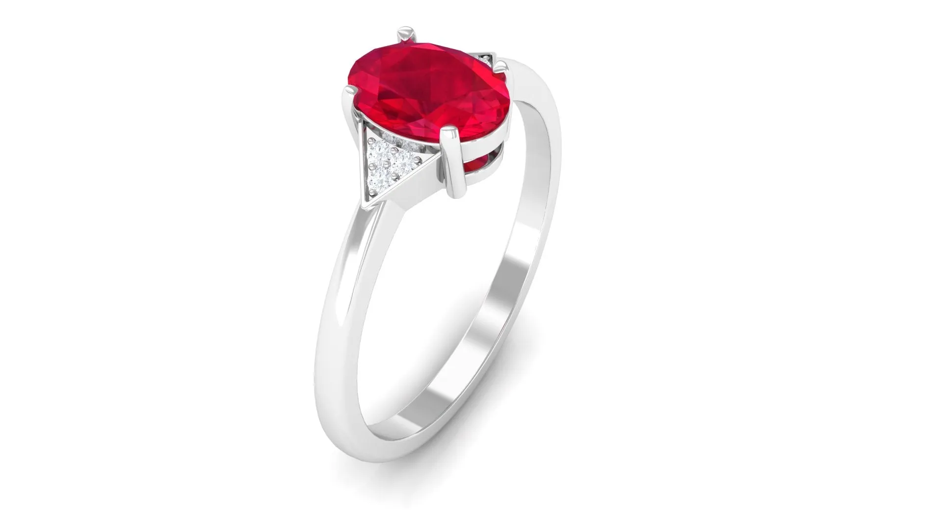 1 CT Oval Created Ruby Solitaire Ring with Diamond Accent