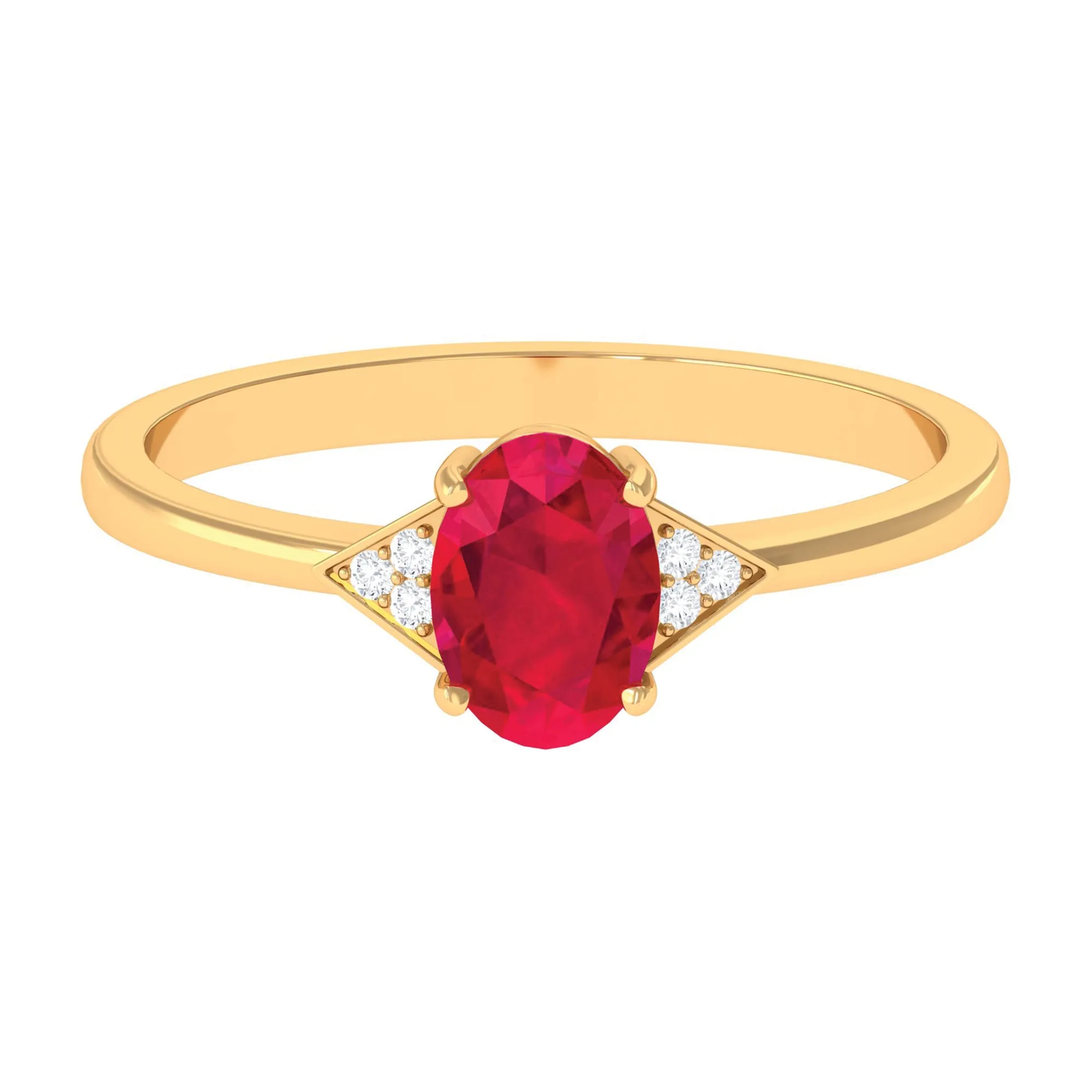 1 CT Oval Created Ruby Solitaire Ring with Diamond Accent