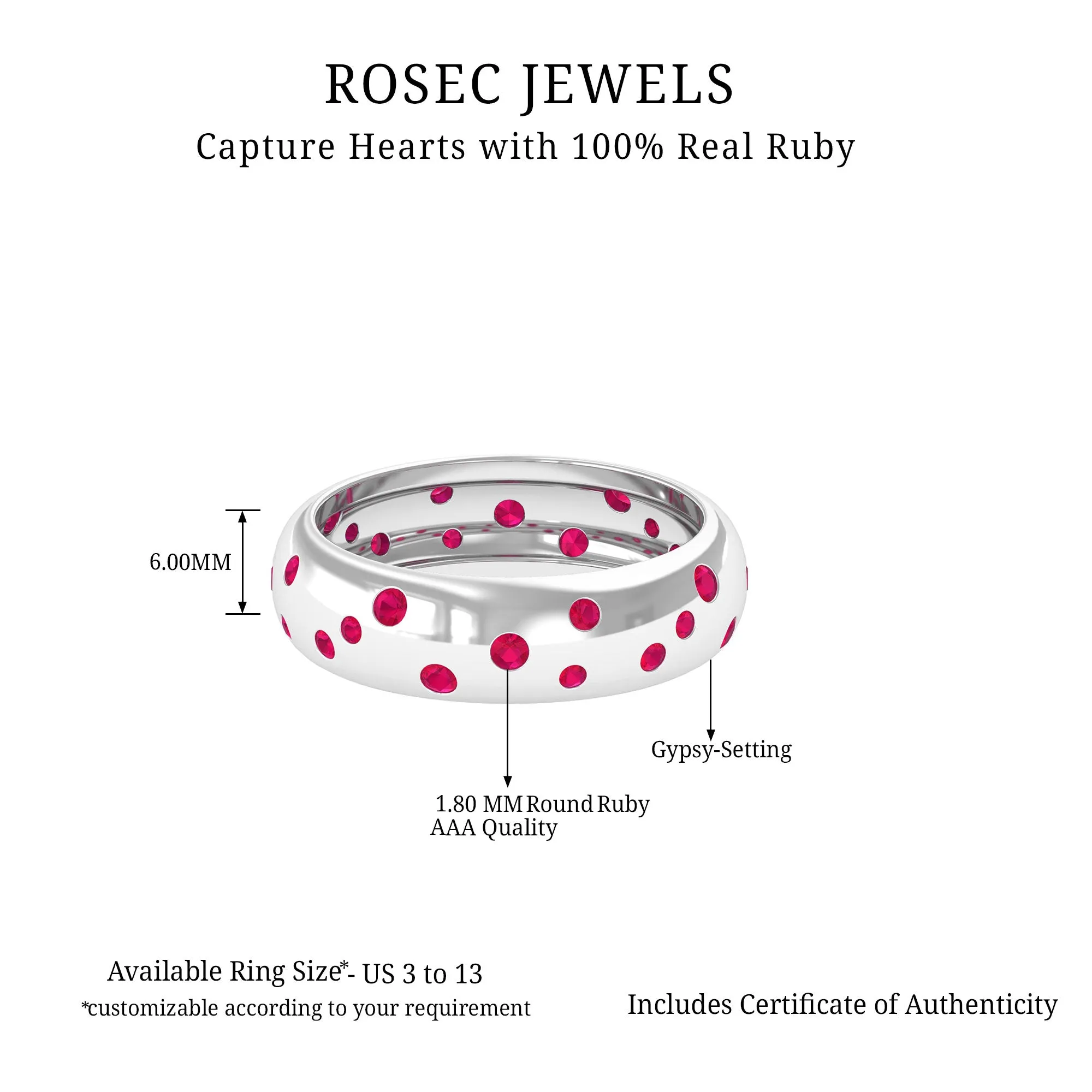 1 CT Scattered Ruby Silver Band Ring