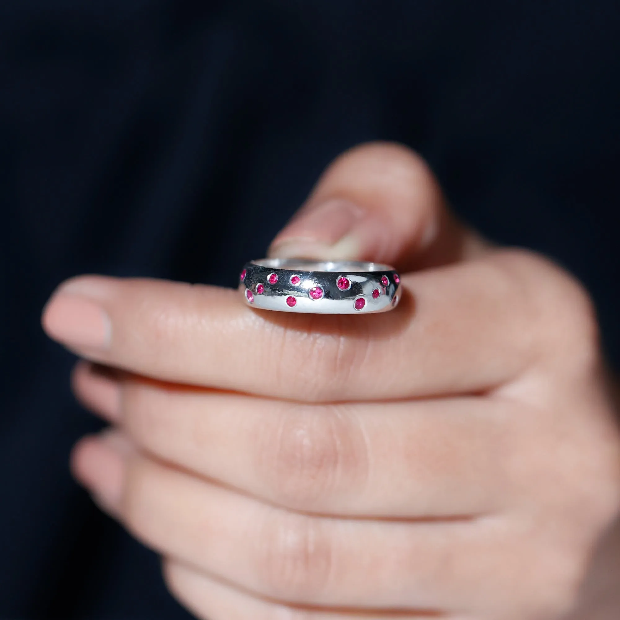 1 CT Scattered Ruby Silver Band Ring