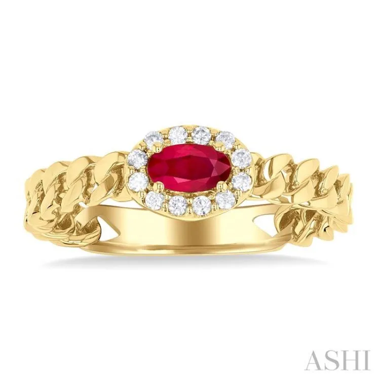 1/10 ctw Curb & Cuban Link East-West 5x3 MM Oval Cut Ruby and Round Cut Diamond Halo Precious Ring in 10K Yellow Gold