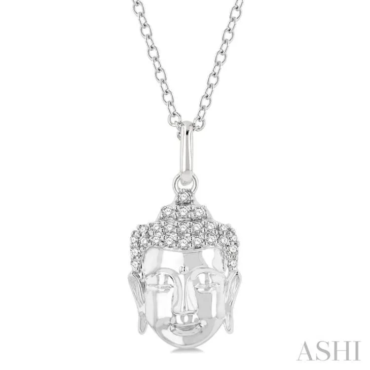 1/10 Ctw Head of Buddha Petite Round Cut Diamond Fashion Pendant With Chain in 10K White Gold