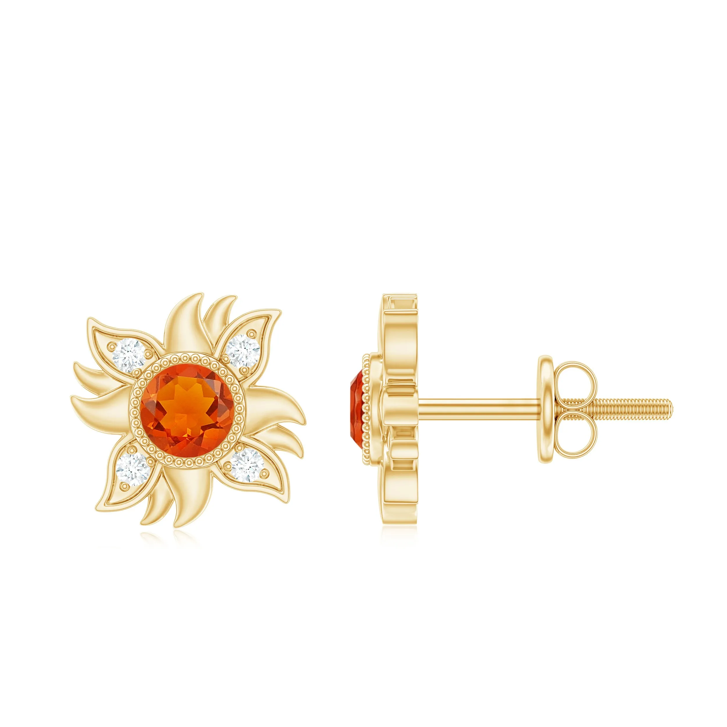 1/2 CT Round Shape Fire Opal and Diamond Sunburst Stud Earrings