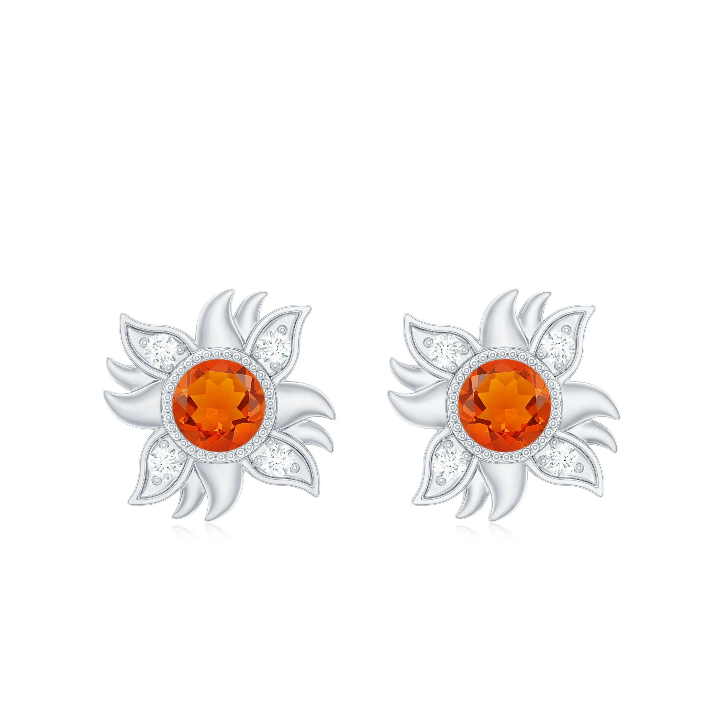 1/2 CT Round Shape Fire Opal and Diamond Sunburst Stud Earrings