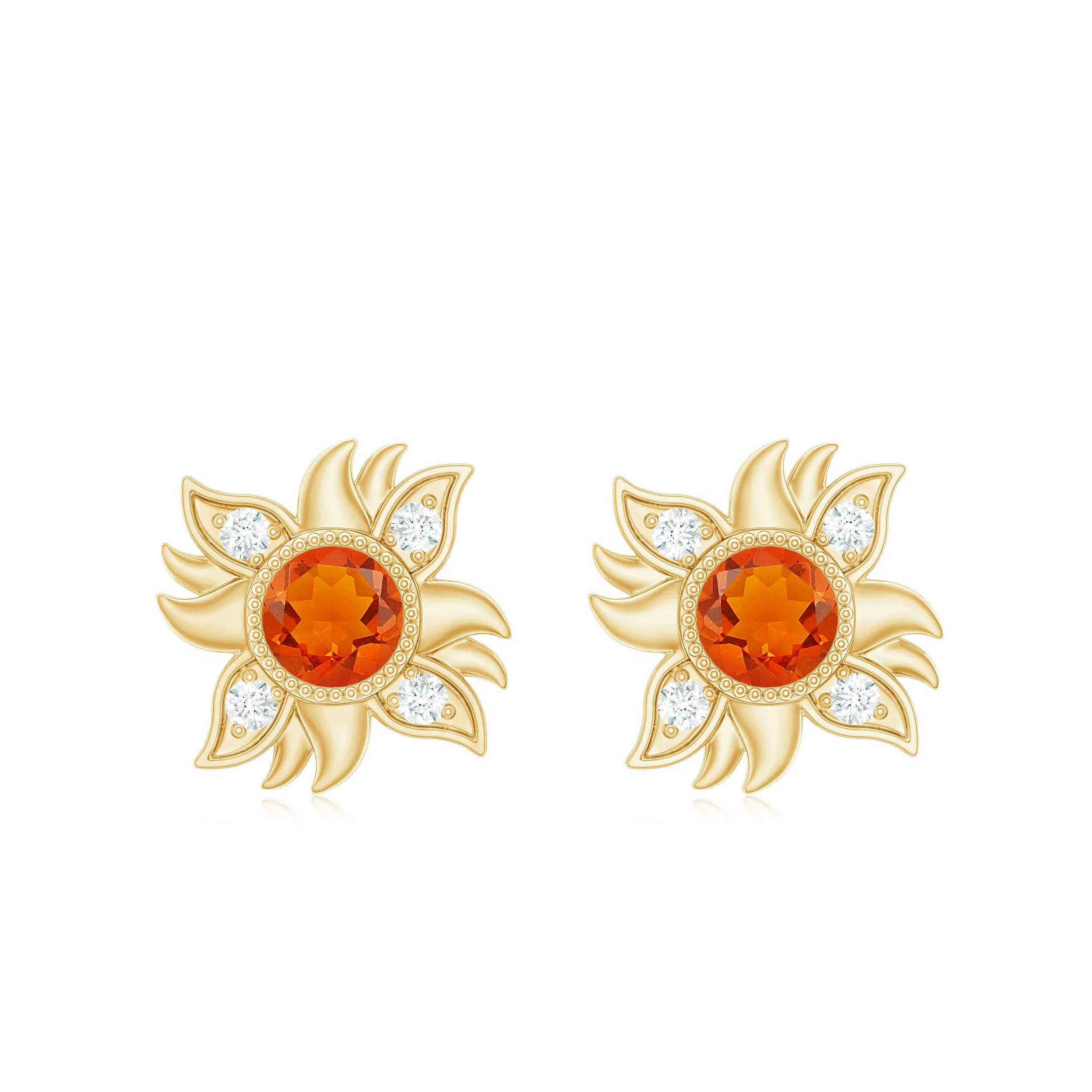 1/2 CT Round Shape Fire Opal and Diamond Sunburst Stud Earrings