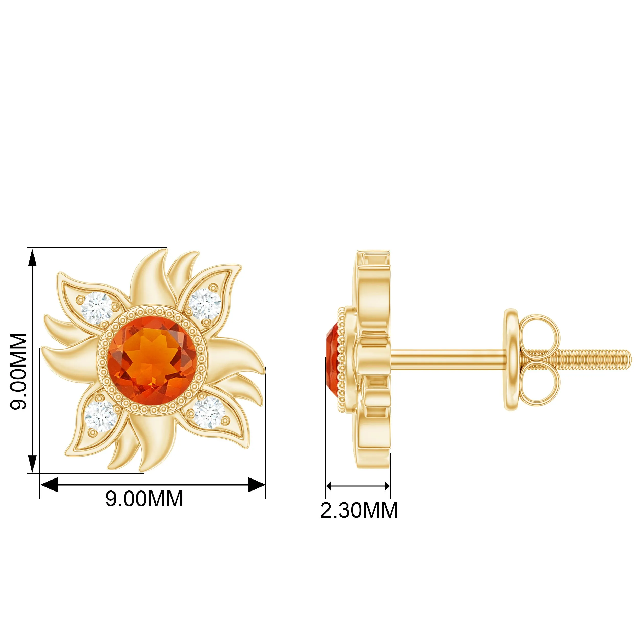 1/2 CT Round Shape Fire Opal and Diamond Sunburst Stud Earrings