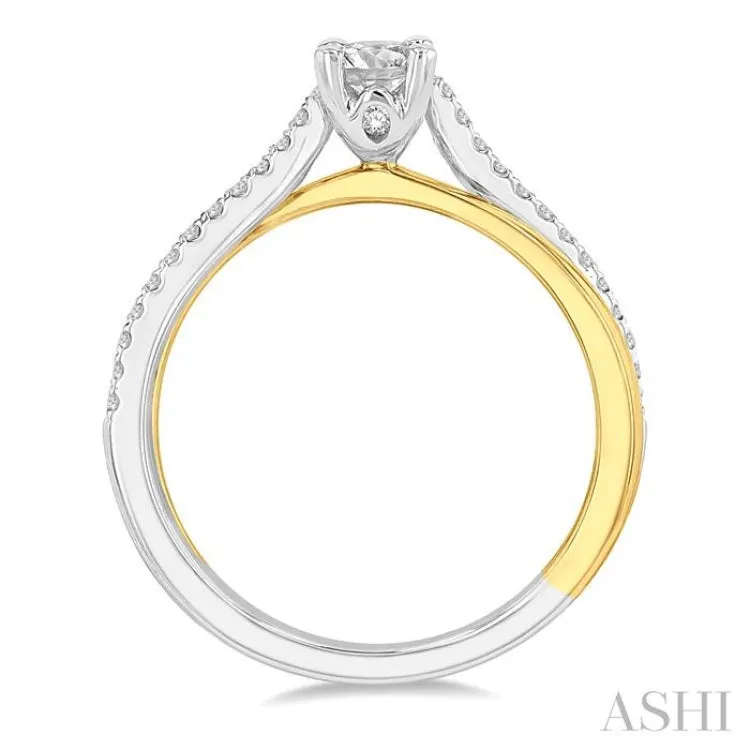 1/2 Ctw Two Tone Criss Cross Round & Oval Cut Diamond Engagement Ring With 1/3 ctw Oval Cut Center Stone in 14K White and Yellow Gold