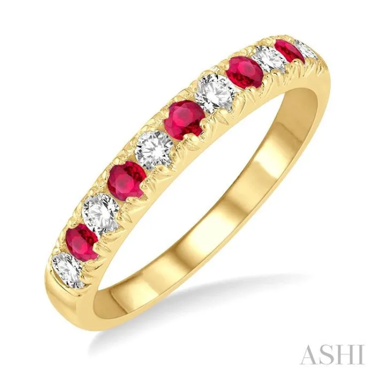 1/4 ctw Round Cut Diamond and 2.3MM Ruby Precious Wedding Band in 14K Yellow Gold