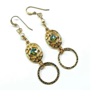 14 KT Gold Filled Green Crystal Hammered Circle Filigree Earrings