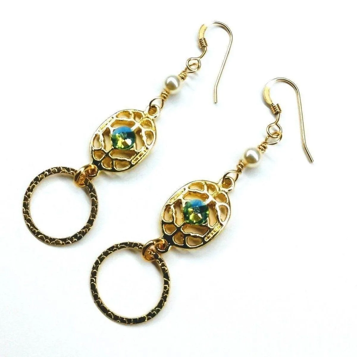 14 KT Gold Filled Green Crystal Hammered Circle Filigree Earrings