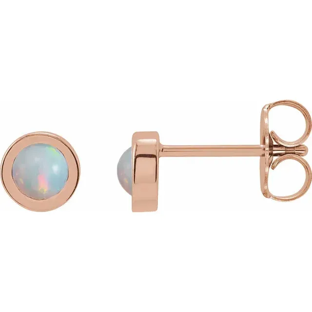 14k Gold Cabochon 4 mm Natural White Opal Bezel-Set Solitaire Stud Earrings