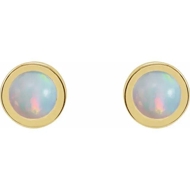 14k Gold Cabochon 4 mm Natural White Opal Bezel-Set Solitaire Stud Earrings