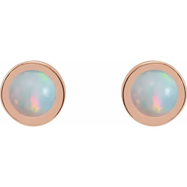 14k Gold Cabochon 4 mm Natural White Opal Bezel-Set Solitaire Stud Earrings