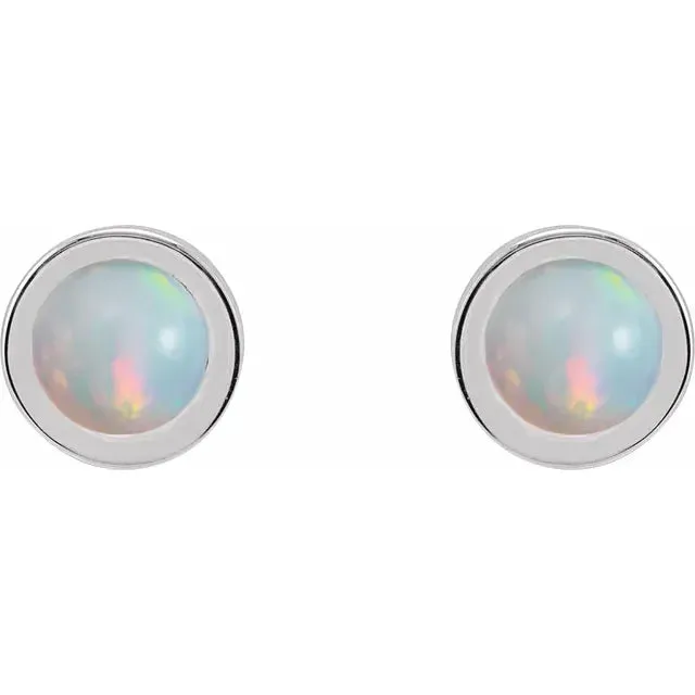 14k Gold Cabochon 4 mm Natural White Opal Bezel-Set Solitaire Stud Earrings