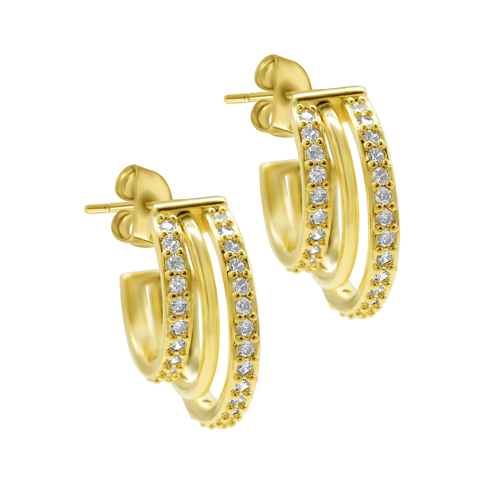 14K Gold Plated Multi-Band Crystal Huggie Earrings