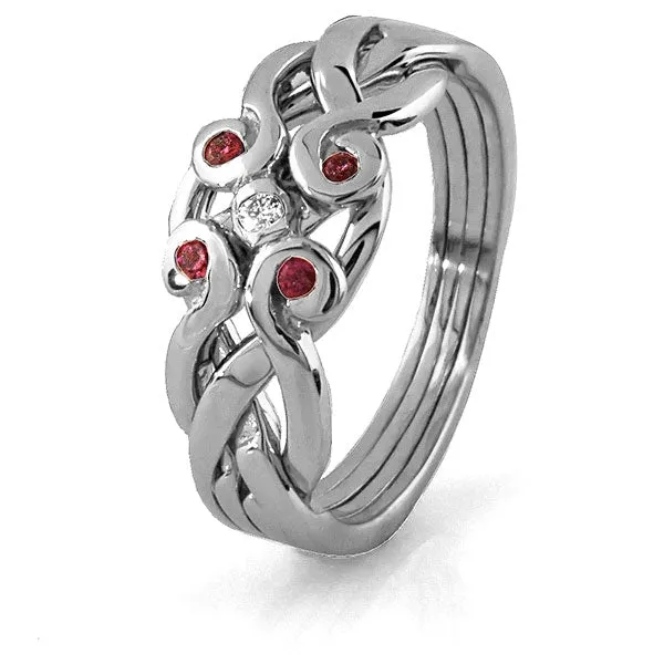 14K White Gold 4 Band Ruby Diamond Celtic White Gold Puzzle Ring 4ANG-RDW