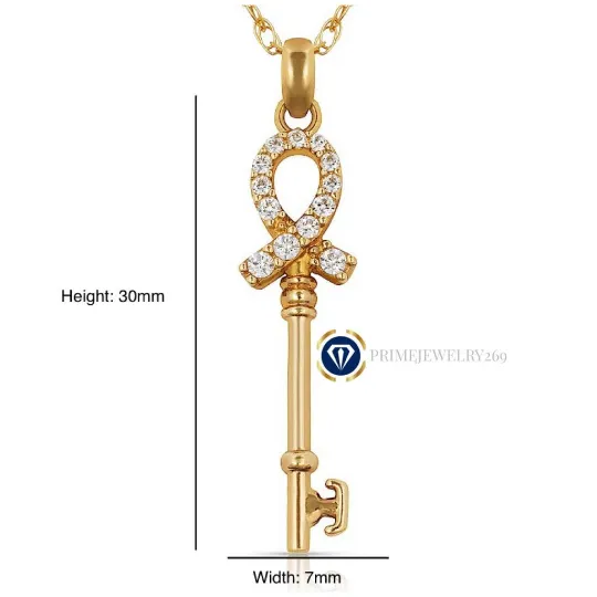 14K Yellow & White Gold CZ Key Pendant 30x7mm Breast Cancer Awareness Symbol / Dije de llave en Oro Solido Real Conciencia de Cancer Dije