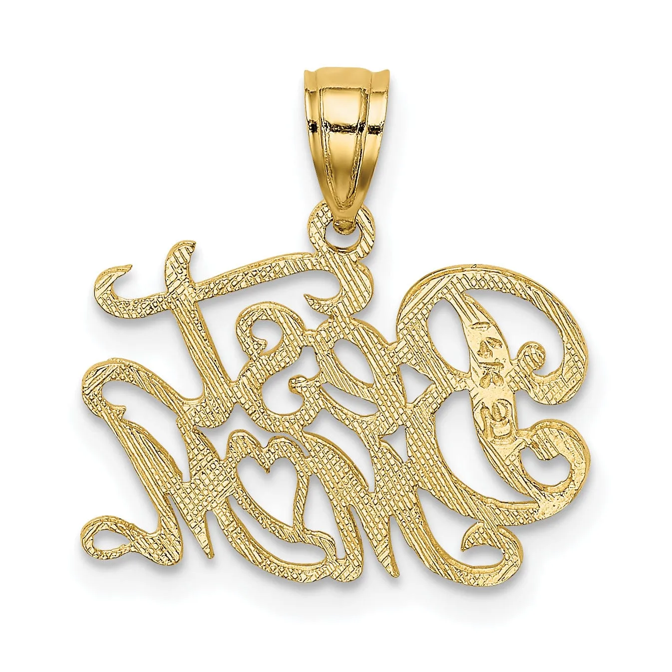 14k Yellow Gold Solid Textured Polished Finish BEST MOM Script Design Charm Pendant