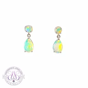 14kt White Gold pair of dangling Opal round and pearshape earrings