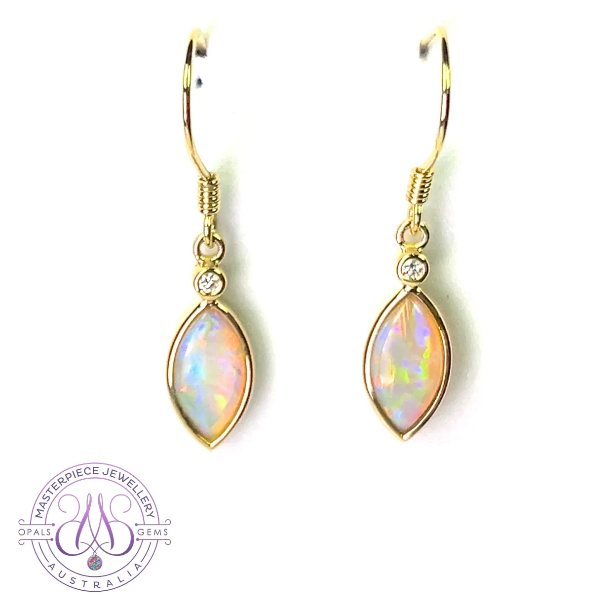 14kt Yellow Gold dangling Marquise shape Crystal Opal earrings