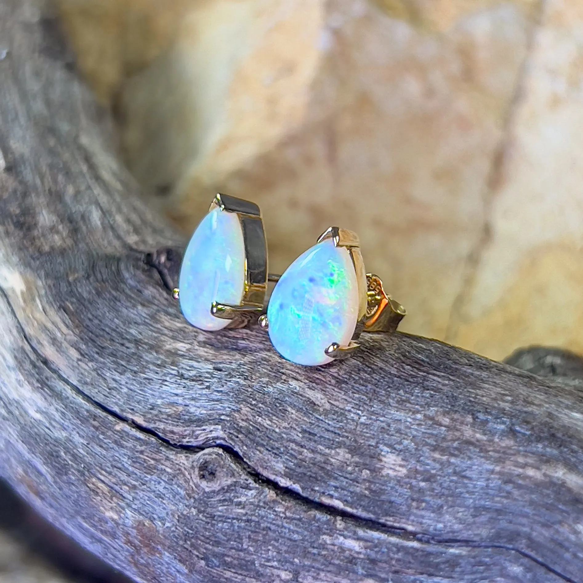 14kt Yellow Gold Pear shape Crystal Opal 2.19ct studs