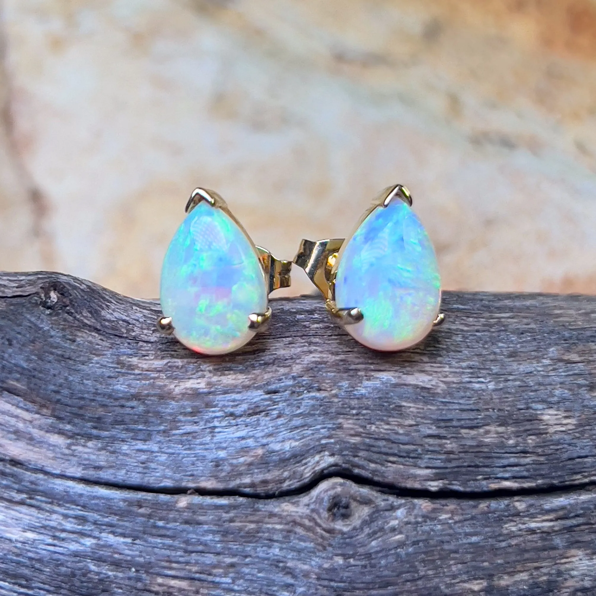 14kt Yellow Gold Pear shape Crystal Opal 2.19ct studs