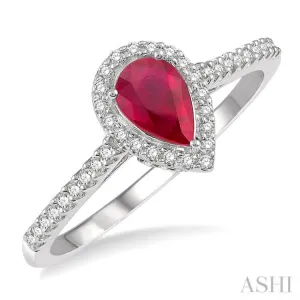 1/5 Ctw Pear Shape 6x4 MM Ruby & Round Cut Diamond Precious Ring in 10K White Gold