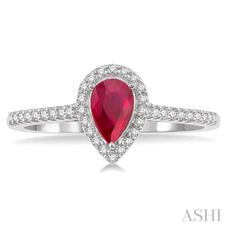 1/5 Ctw Pear Shape 6x4mm Ruby & Round Cut Diamond Precious Ring in 10K White Gold