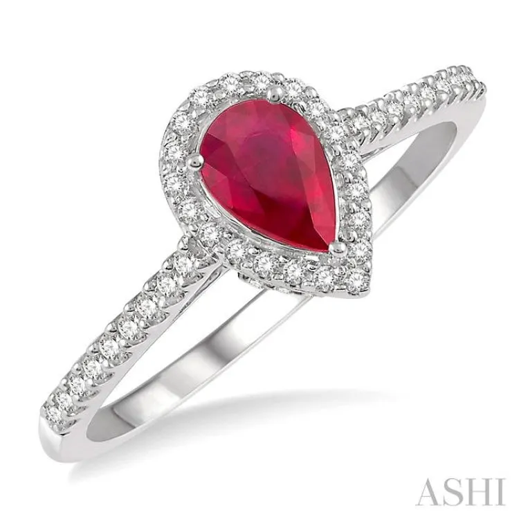 1/5 Ctw Pear Shape 6x4mm Ruby & Round Cut Diamond Precious Ring in 10K White Gold