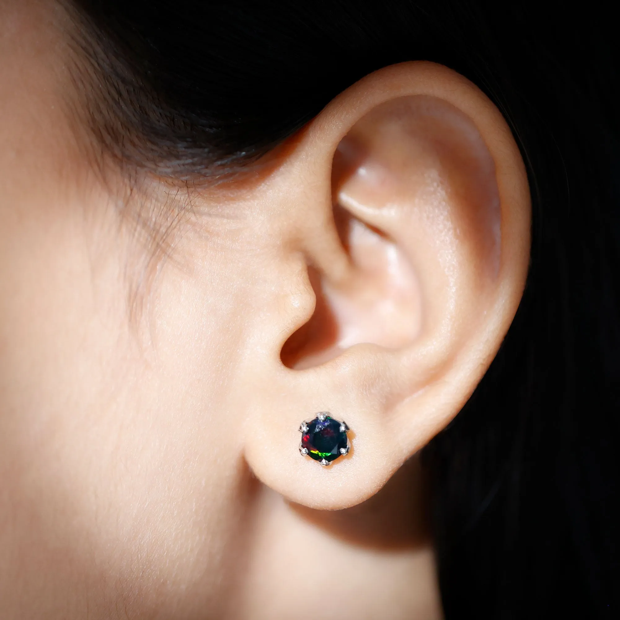 1.50 CT Round Shape Black Opal Solitaire Stud Earrings in Silver