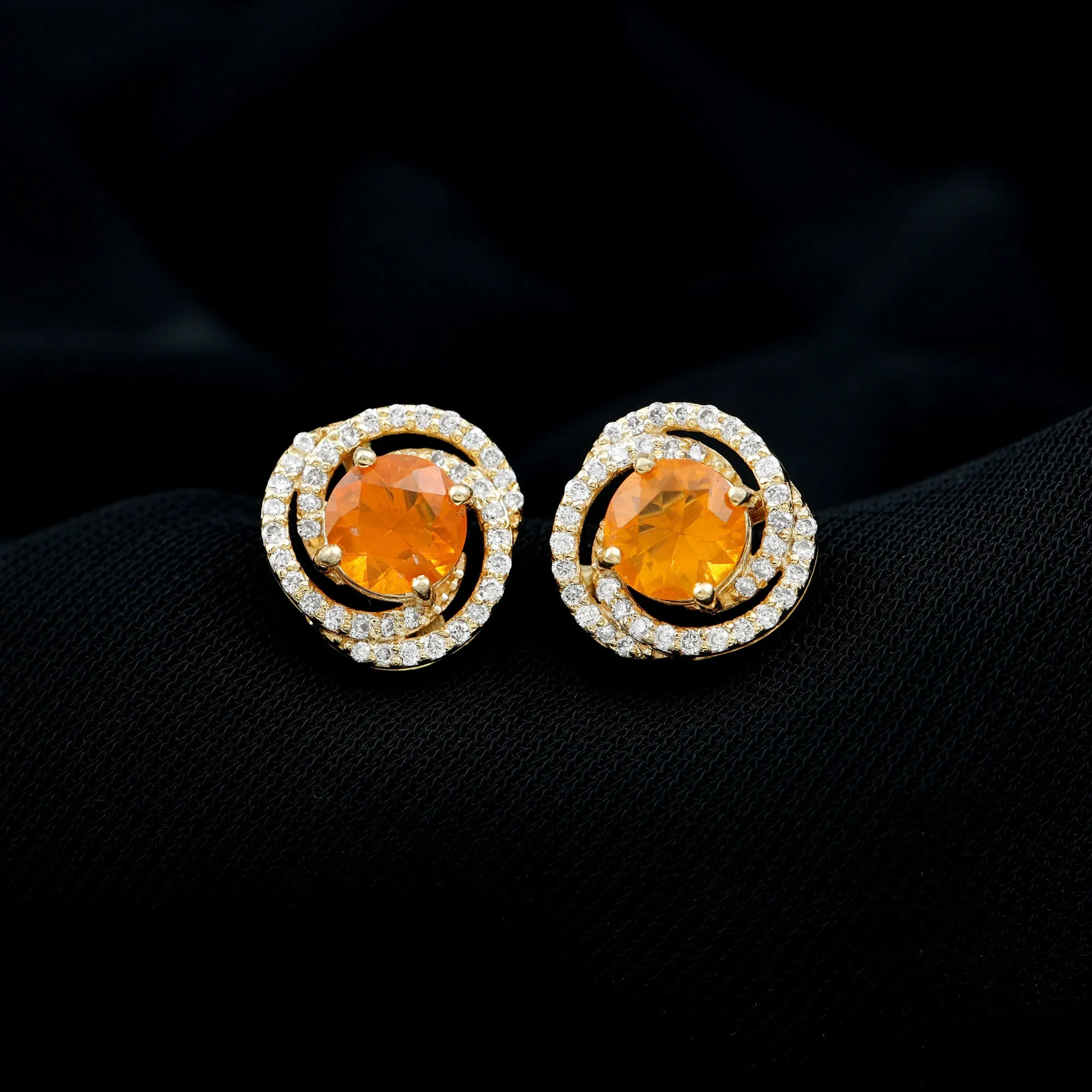 1.75 CT Fire Opal and Diamond Swirl Stud Earrings