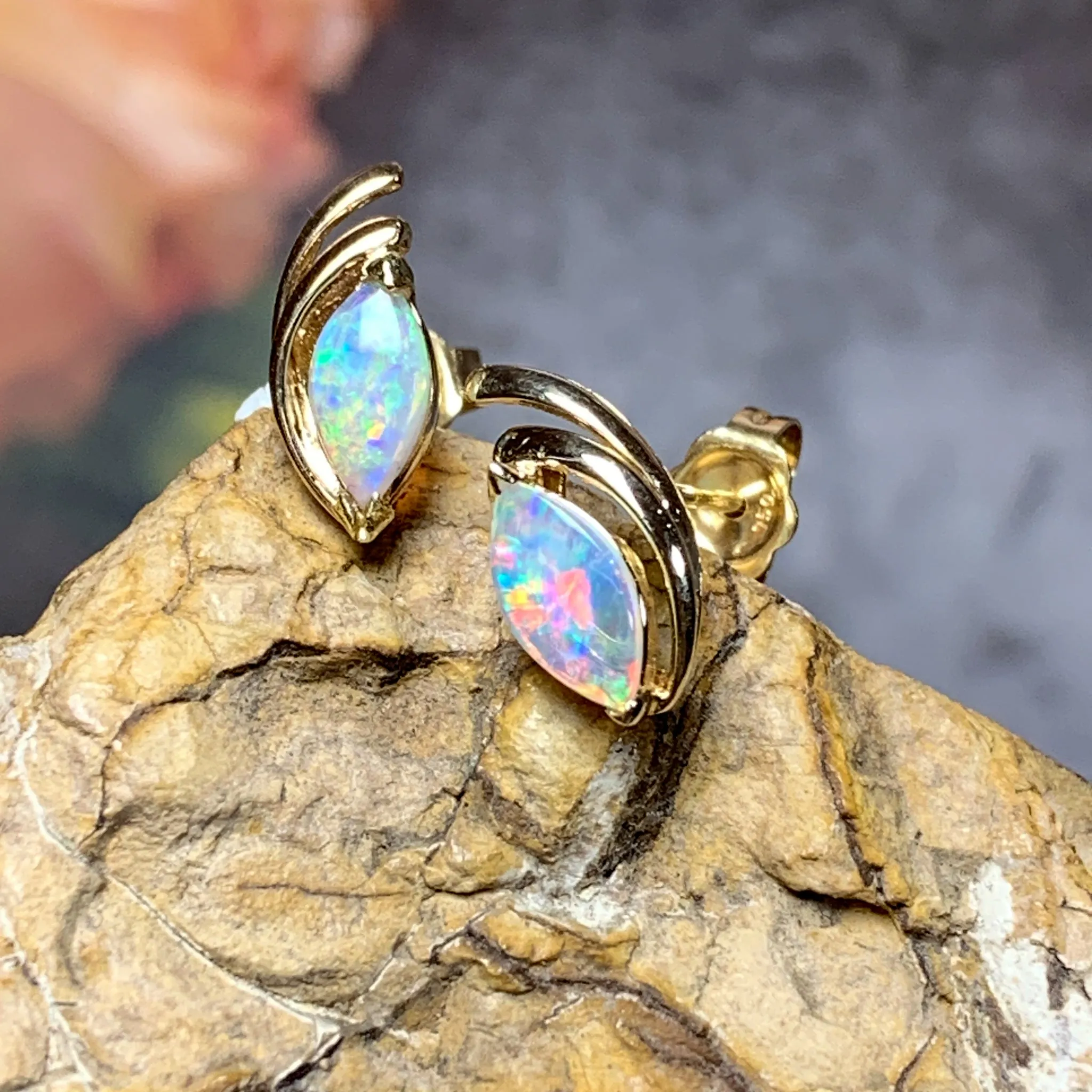 18kt Yellow Gold Opal Earrings in Marquise shape 8x4mm Opal Gold studs