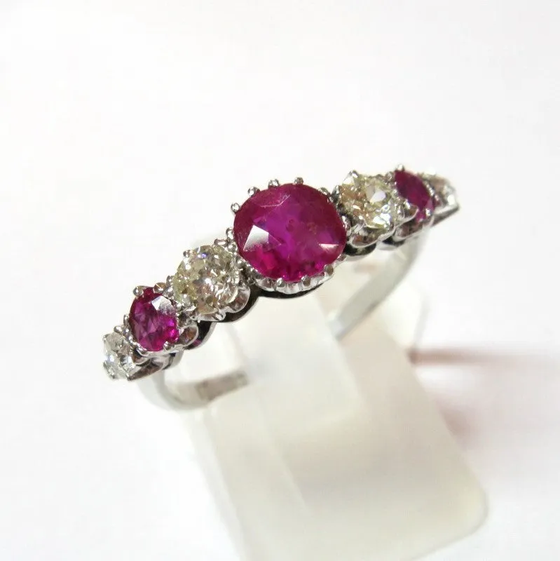 1950s 18ct White Gold, Ruby & Diamond Five Stone Ring