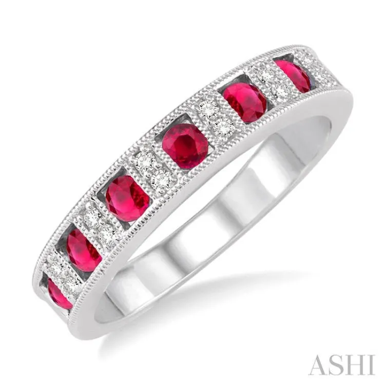 2.5 mm Round Cut Ruby and 1/10 Ctw Round Cut Diamond Band in 14K White Gold