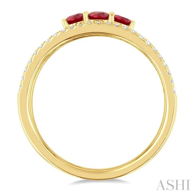 3.2MM, 2.7MM Round Cut Ruby & 1/4 ctw Single Cut Diamond Past, Present and Future Precious Layered Fashion Ring in 10K Yellow Gold