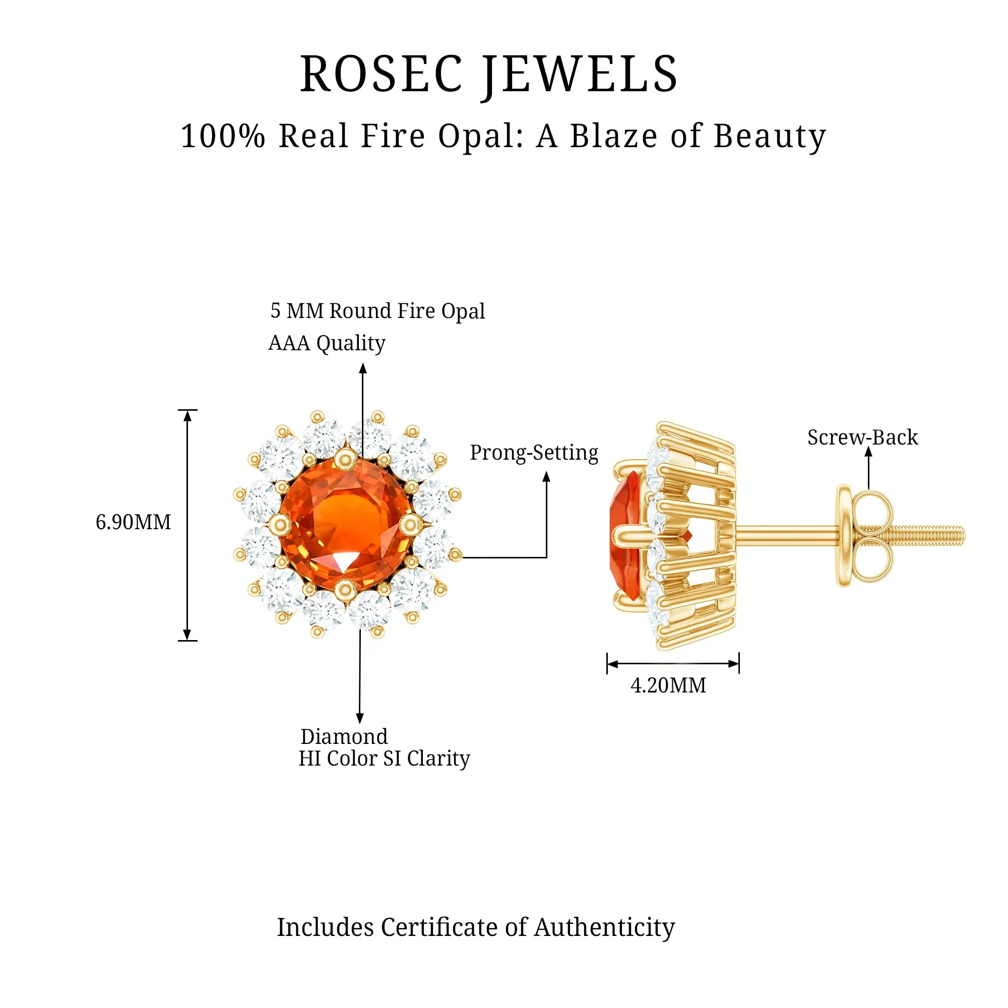 3/4 CT Fire Opal and Diamond Halo Stud Earrings