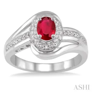 6x4 MM Oval Cut Ruby and 1/50 Ctw Round Cut Diamond Ring in Sterling Silver