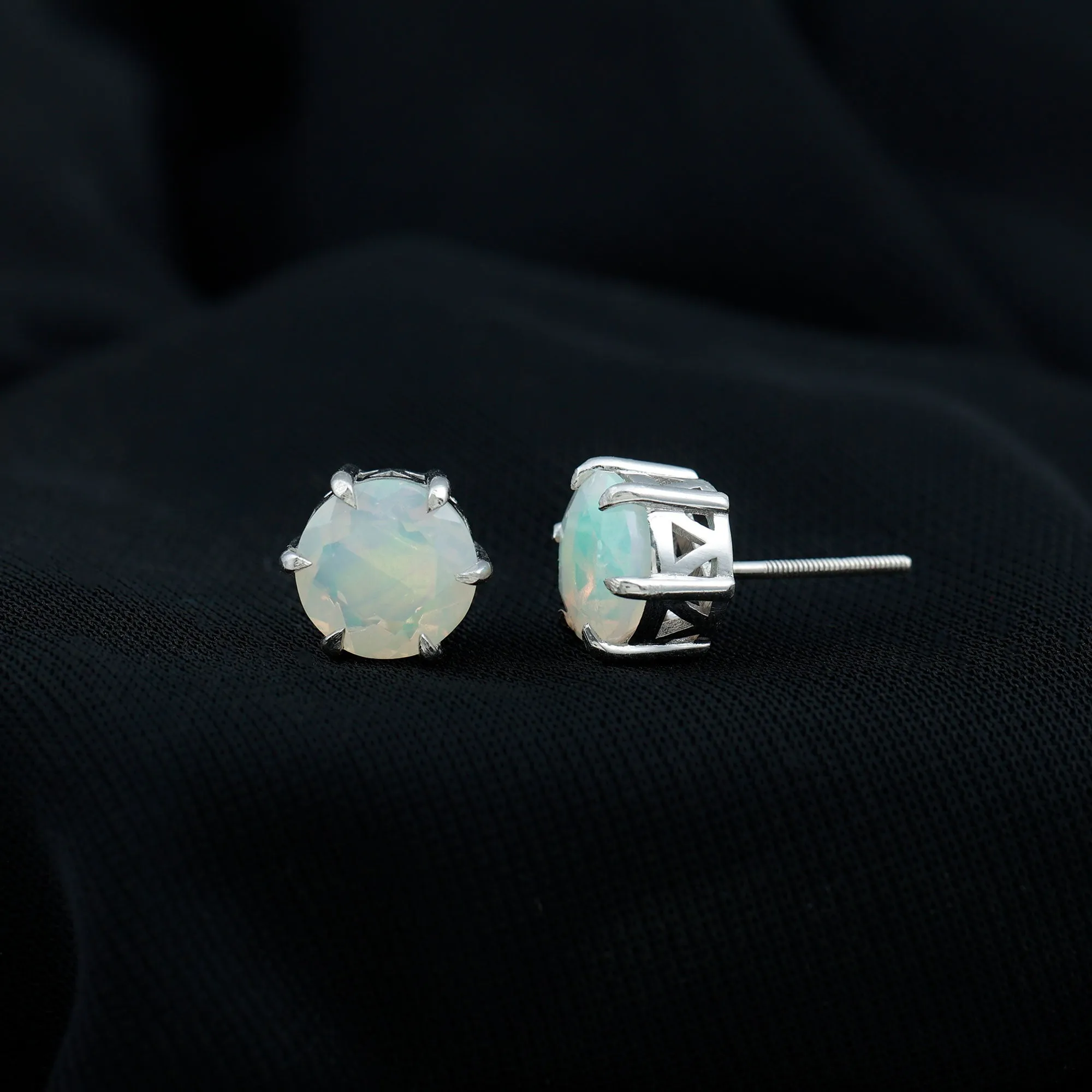 8 MM Genuine Round Ethiopian Opal Solitaire Silver Stud Earrings in 6 Claw Setting