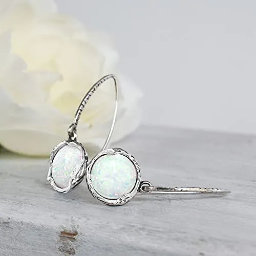 925 Sterling Silver White Opal Dangle Earrings For Women; Vintage Style White Opal October Birthstone Jewelry for Women; Dangling White Stone Earrings