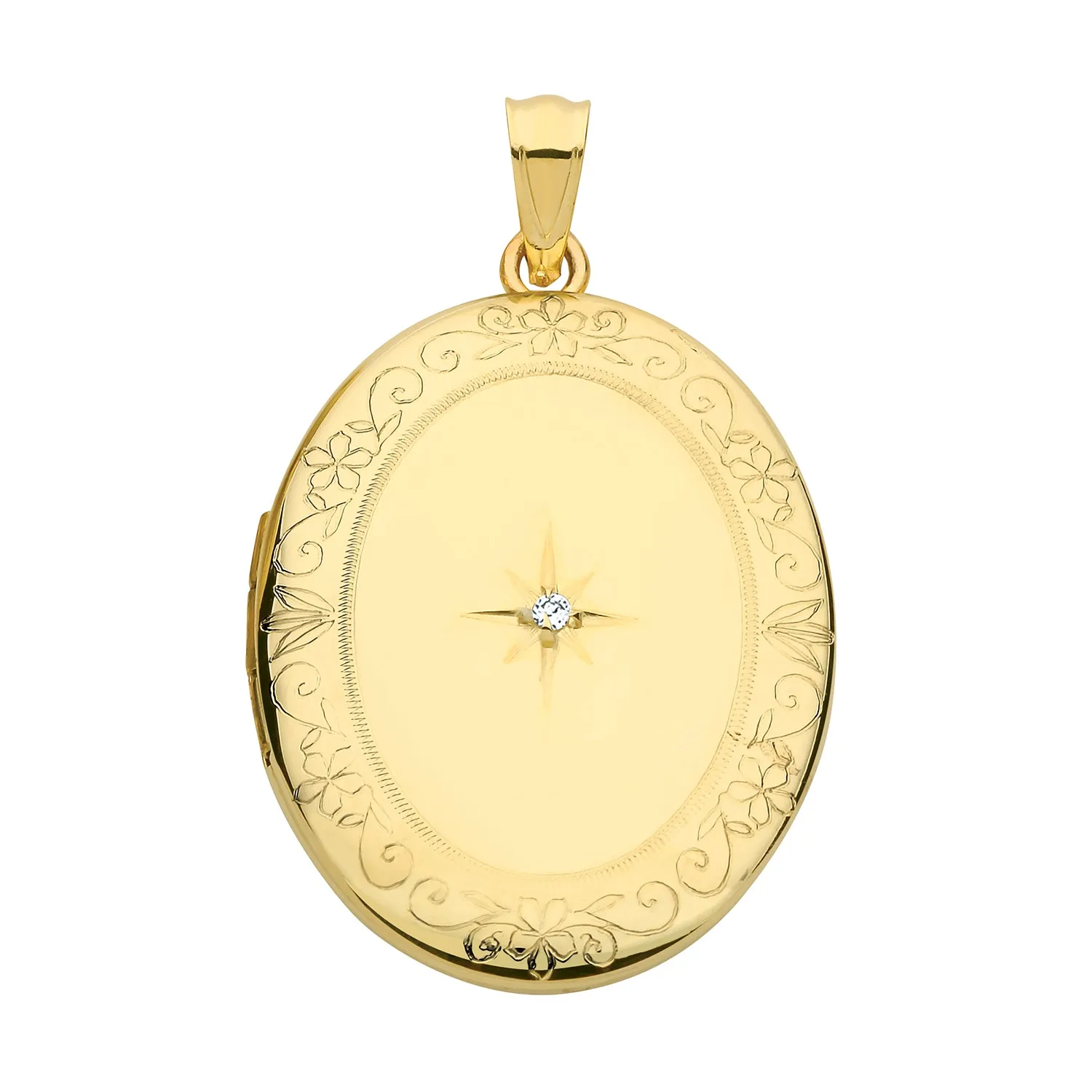 9CT GOLD ENGRAVED OVAL DIAMOND SET LOCKET