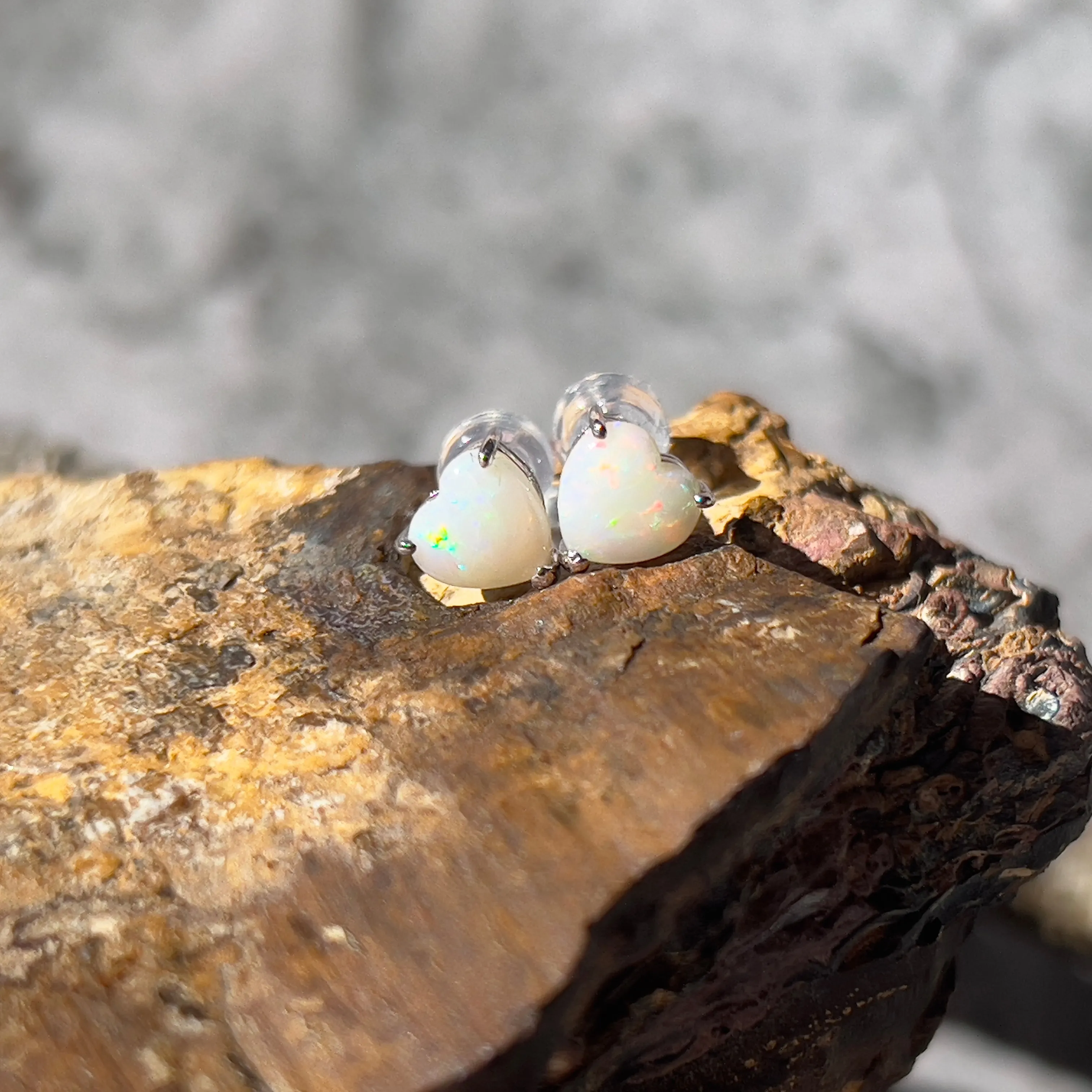 9KT White Gold Opal Stud Earrings, 6mm Heart Shape, Handmade Gift for Her, Minimalist & Dainty Gold Earrings, Cute Opal Jewelry, Birthstone Earrings