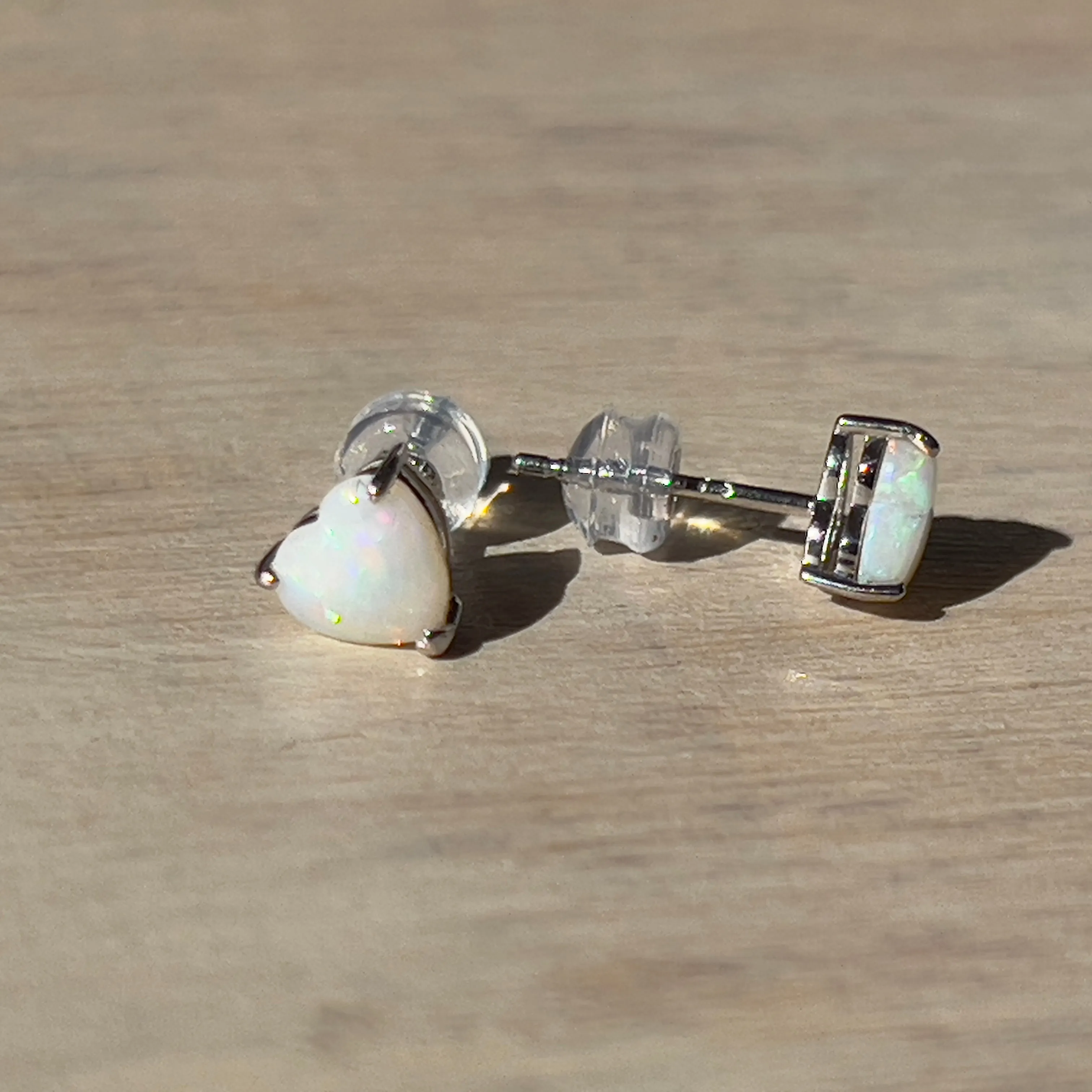 9KT White Gold Opal Stud Earrings, 6mm Heart Shape, Handmade Gift for Her, Minimalist & Dainty Gold Earrings, Cute Opal Jewelry, Birthstone Earrings