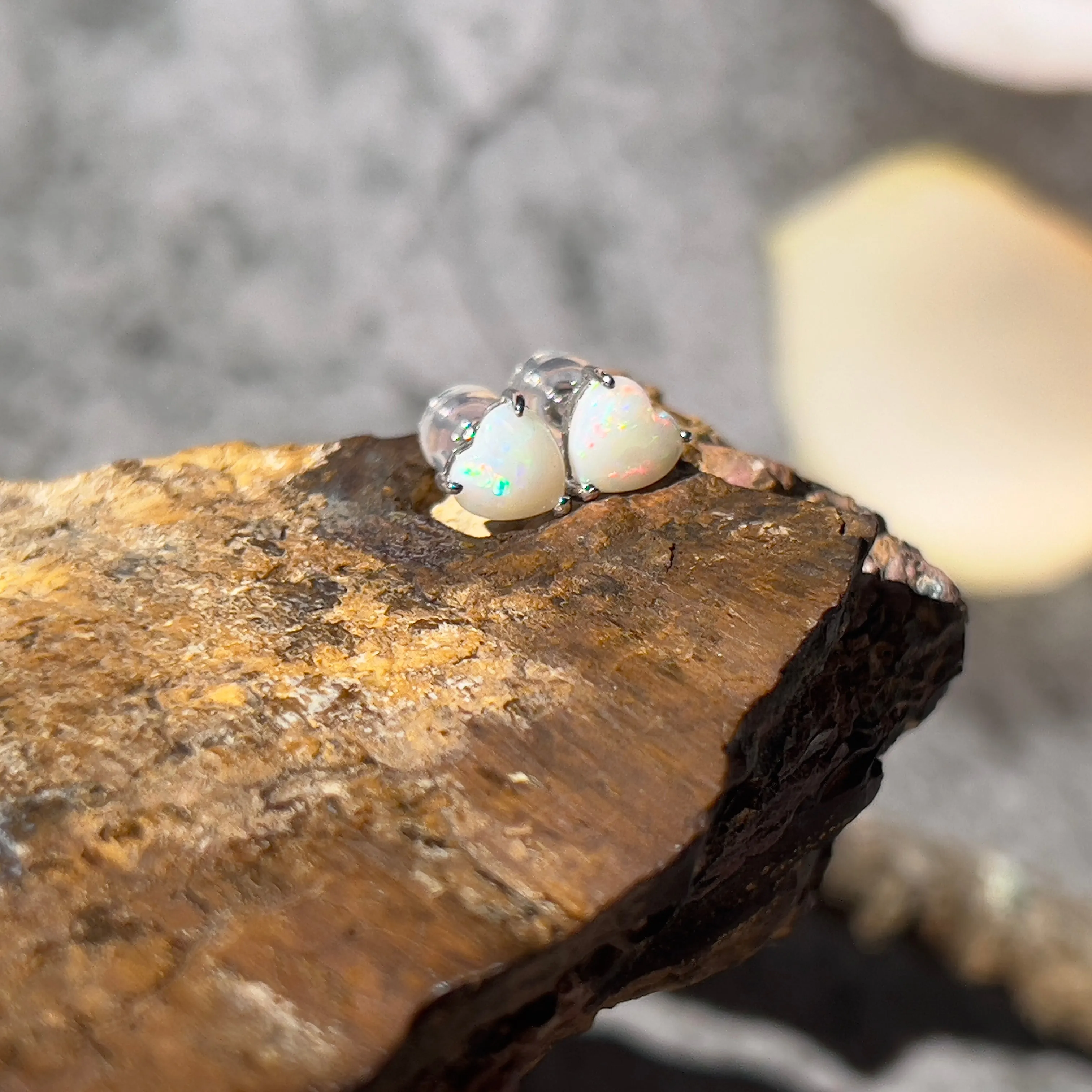 9KT White Gold Opal Stud Earrings, 6mm Heart Shape, Handmade Gift for Her, Minimalist & Dainty Gold Earrings, Cute Opal Jewelry, Birthstone Earrings