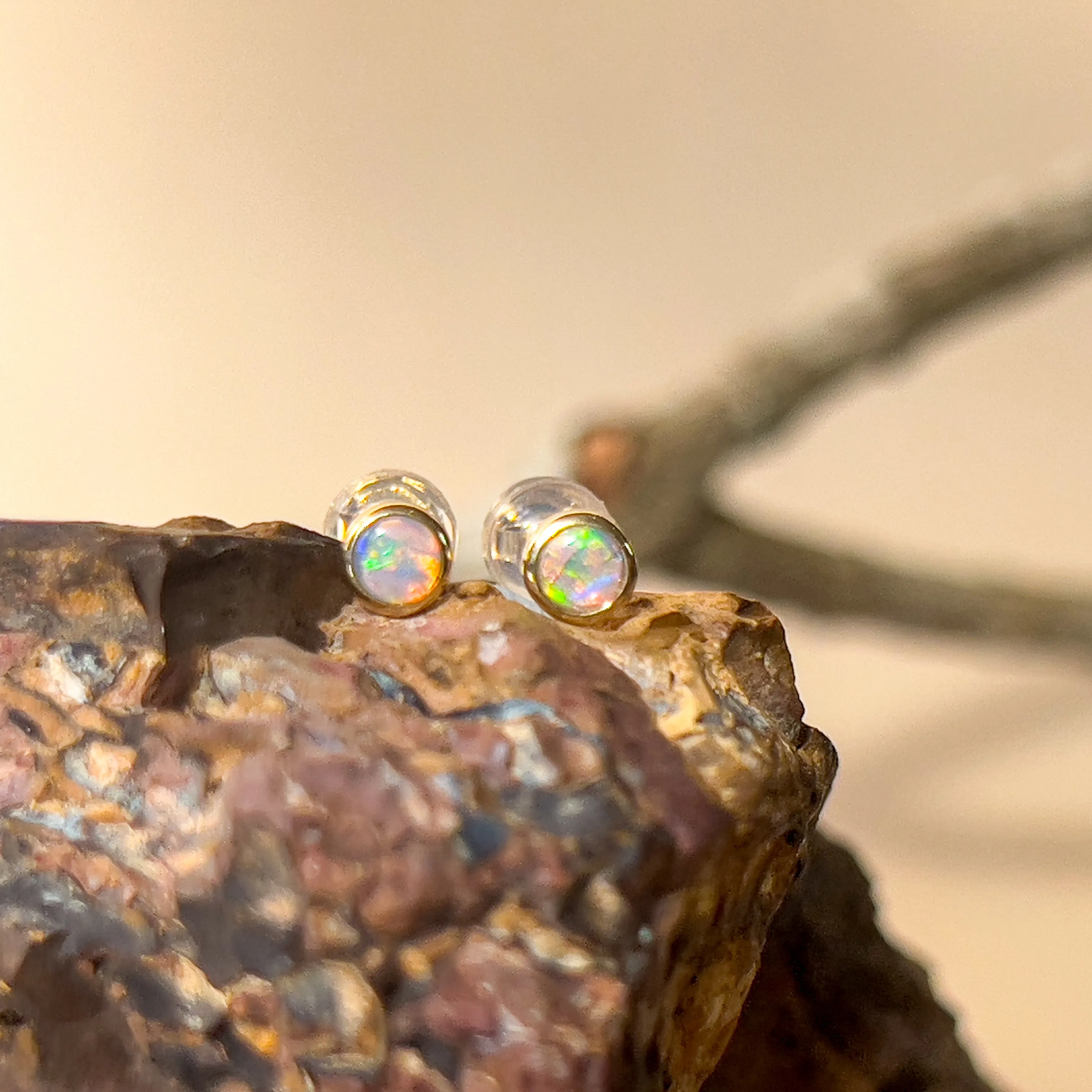 9KT Yellow Gold Crystal Opal Stud Earrings, 4mm, Handmade Dainty Gift for Her, Birthstone Jewelry