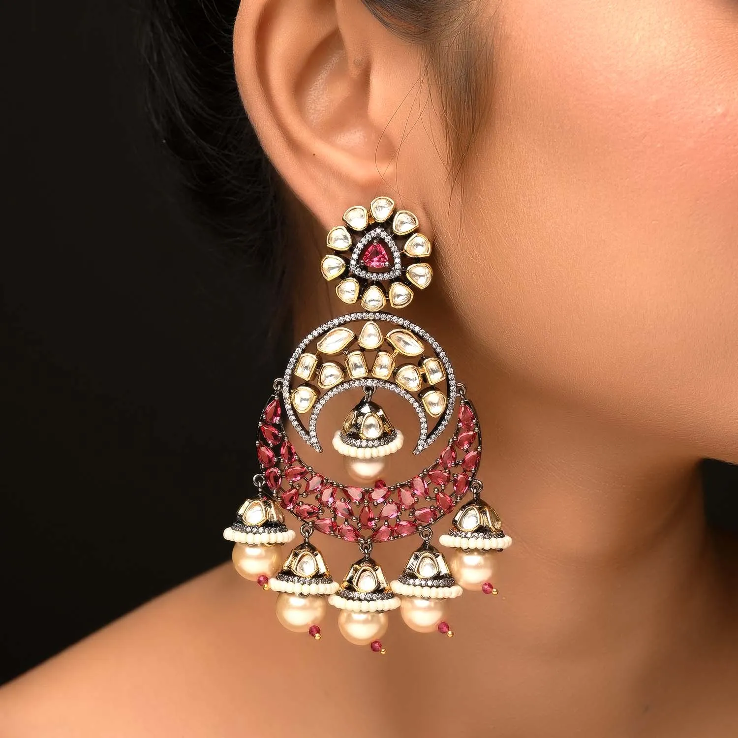 Aanandita Rose Pink Rhodium Plated Victorian Earrings